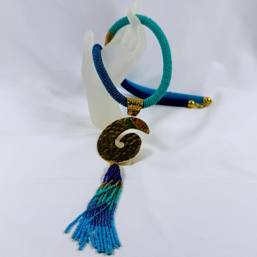 Beaded Necklace Hammered Gold Swirl Pendant Blue Tassel STATEMENT Beach Y2K
